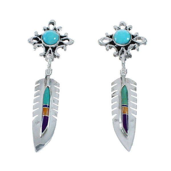 Sterling Silver Inlay Multicolor Feather Southwestern Post Dangle Earrings TX10301